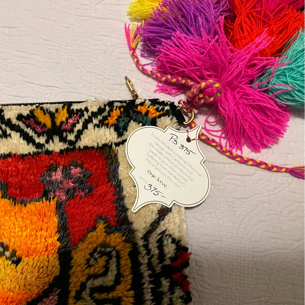 Anthropologie Soukie Modern Moroccan Rug Bag Vibrant Multicolor Clutch w/Tassels - Picture 2 of 7